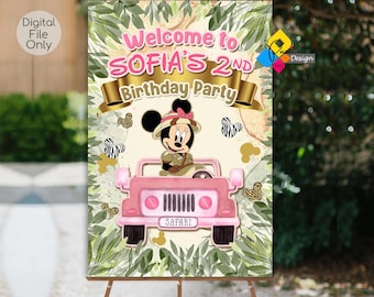 Printable MINNIE Mouse Safari Jeep GIRL Birthday Welcome Board. Custom Minnie Mouse Safari Party Sign. Pink Minnie Mouse Birthday Poster