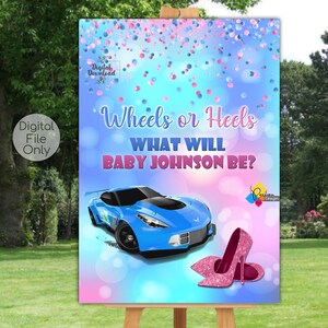 Printable Boy or Girl GENDER REVEAL Welcome Board. Wheels or Heels. Boy or Girl / He or She Party Poster Decor. Gender Reveal Welcome Sign.