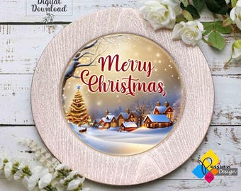 Printable Merry Christmas Charger Plate Insert. DIY Christmas Party Decor. Christmas Village, Tree, Lights. Instant Download Digital File