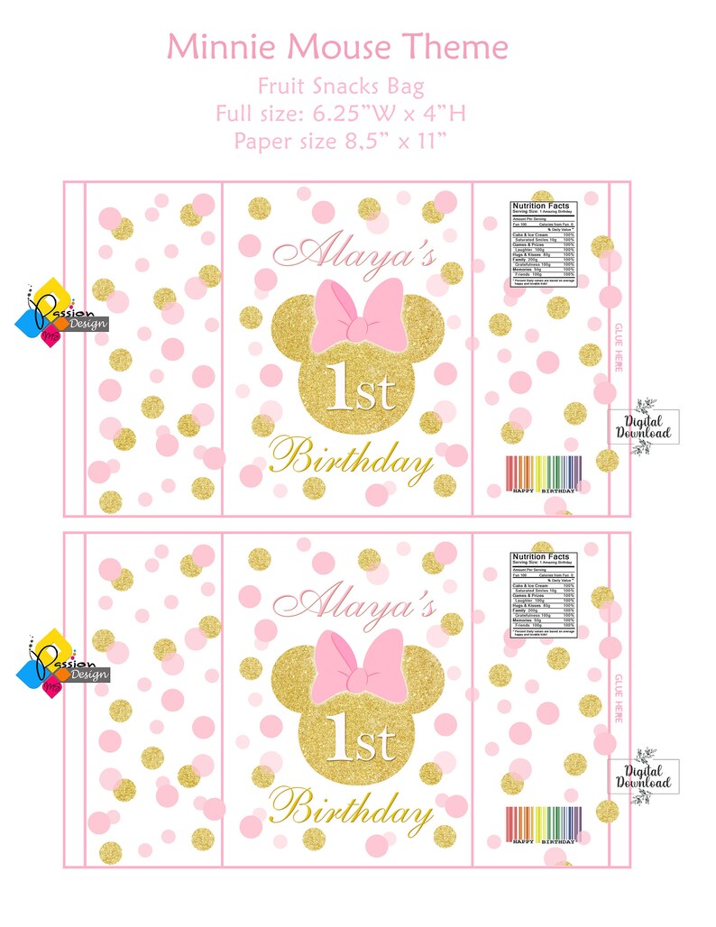 Utskrivbart MINNIE MOUSE-festkit. Personliga födelsedagsetiketter: Presentask, Chipspåse, Caprisun, Fruktsnacks, Vattenflaska, Cupcake-dekorationer bild 5