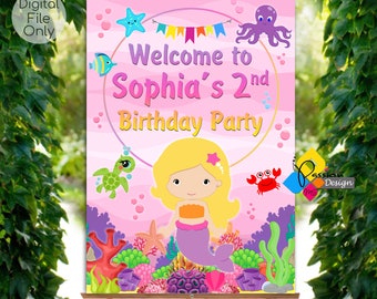 Mermaid Printable Birthday Welcome Board. Custom Under The Water Party Decor. Corals, Fish, Turtle Party Sign. Sea Background