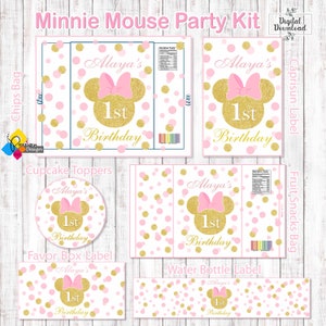Printable MINNIE MOUSE Party Kit. Personalized Birthday Labels: Favor Box, Chips Bag, Caprisun, Fruit Snacks, Water Bottle, Cupcake Toppers