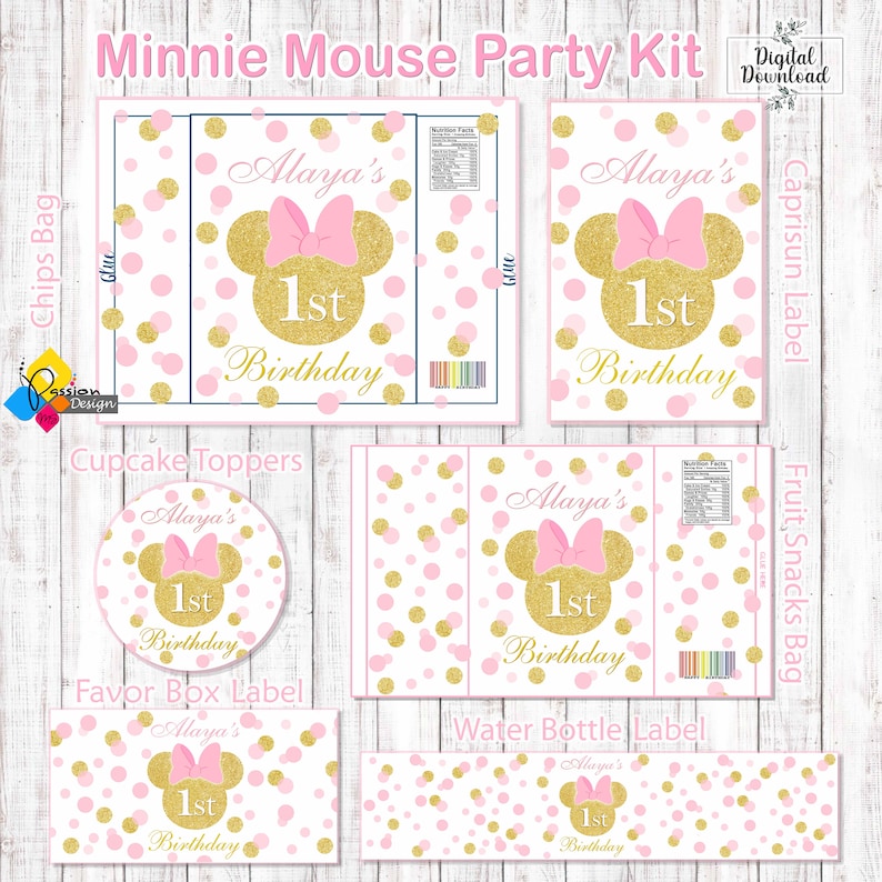 Utskrivbart MINNIE MOUSE-festkit. Personliga födelsedagsetiketter: Presentask, Chipspåse, Caprisun, Fruktsnacks, Vattenflaska, Cupcake-dekorationer bild 1