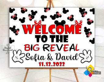 Printable MICKEY And MINNIE MOUSE Gender Reveal Welcome Sign. Custom Mickey And Minnie Big Reveal Welcome Board. Gender Reveal Party Poster
