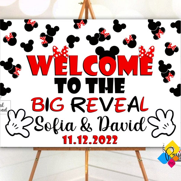 Printable MICKEY And MINNIE MOUSE Gender Reveal Welcome Sign. Custom Mickey And Minnie Big Reveal Welcome Board. Gender Reveal Party Poster