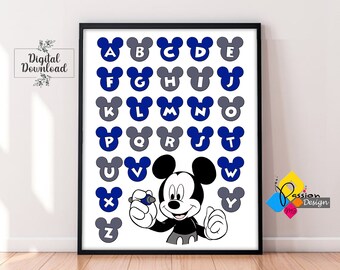 MICKEY Mouse Alphabet Poster. PRINTABLE Wall Art. Mickey Mouse Navy Blue Gray ABC Poster. Kids Room Decor. Nursery Wall Art Digital Download
