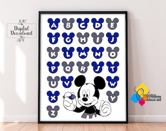 MICKEY Mouse Alphabet Poster. DRUCKBARE Wandkunst. Micky Maus marine blau grau ABC Poster. Kinderzimmer Dekor. Kinderzimmer Wand Kunst Digitaler Download