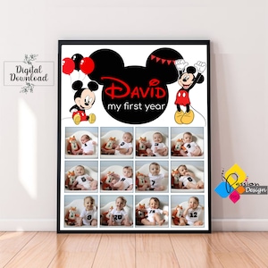 Póster fotográfico del primer año del bebé rojo de MICKEY MOUSE digital. Cartel de collage de fotos de 1er cumpleaños de Mickey Mouse. Tablero de imágenes de un año de Mickey Mouse