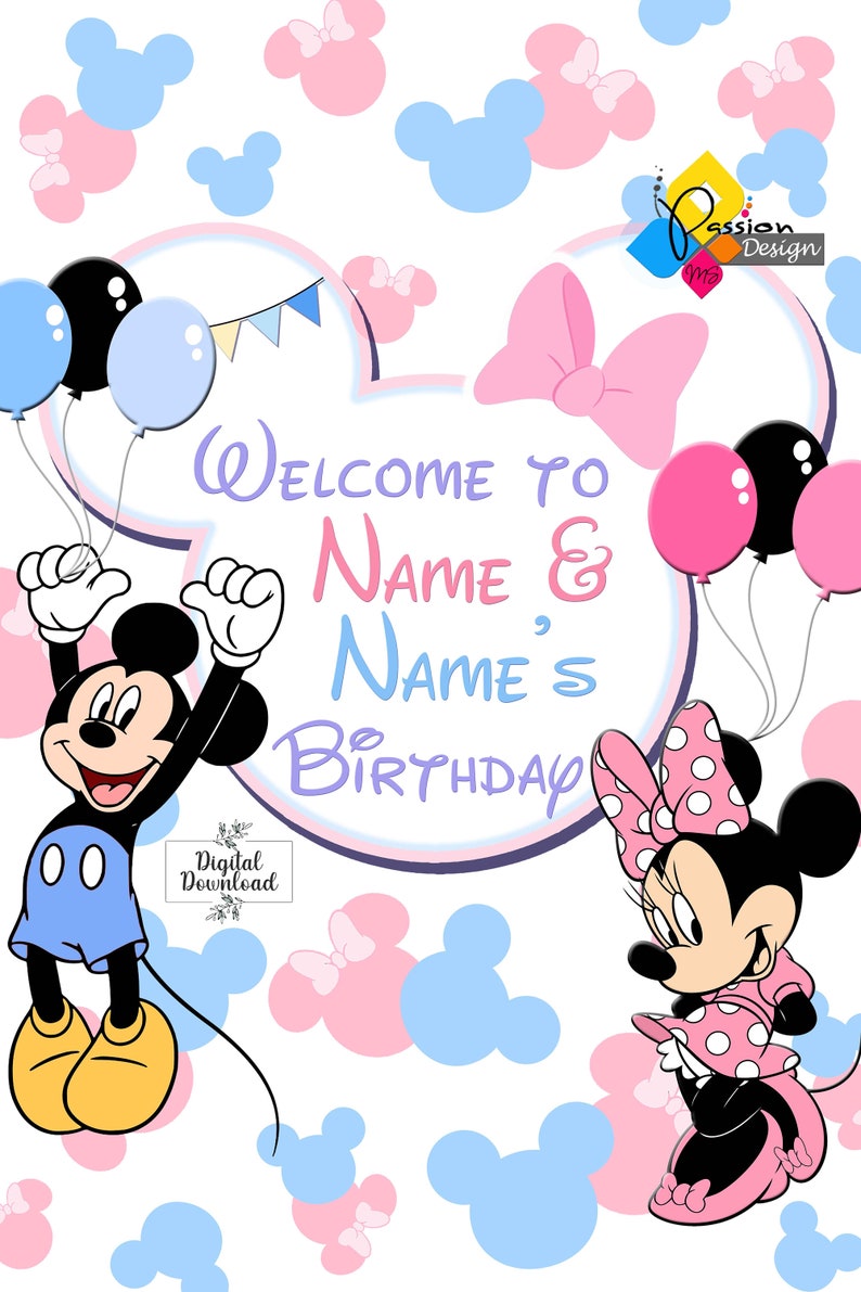 Pu&ograve; includere: Un invito di compleanno stampabile con Mickey e Minnie Mouse. L'invito &egrave; decorato con orecchie di Topolino rosa e blu e palloncini. Il testo recita "Benvenuti al compleanno di Name & Name".
