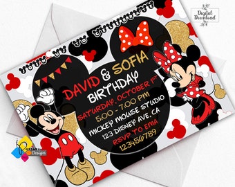 Convite de aniversário do Mickey e Minnie Mouse para impressão. Convite Mickey e Minnie personalizado. Convite Digital Mickey Minnie Red Twins Aniversário