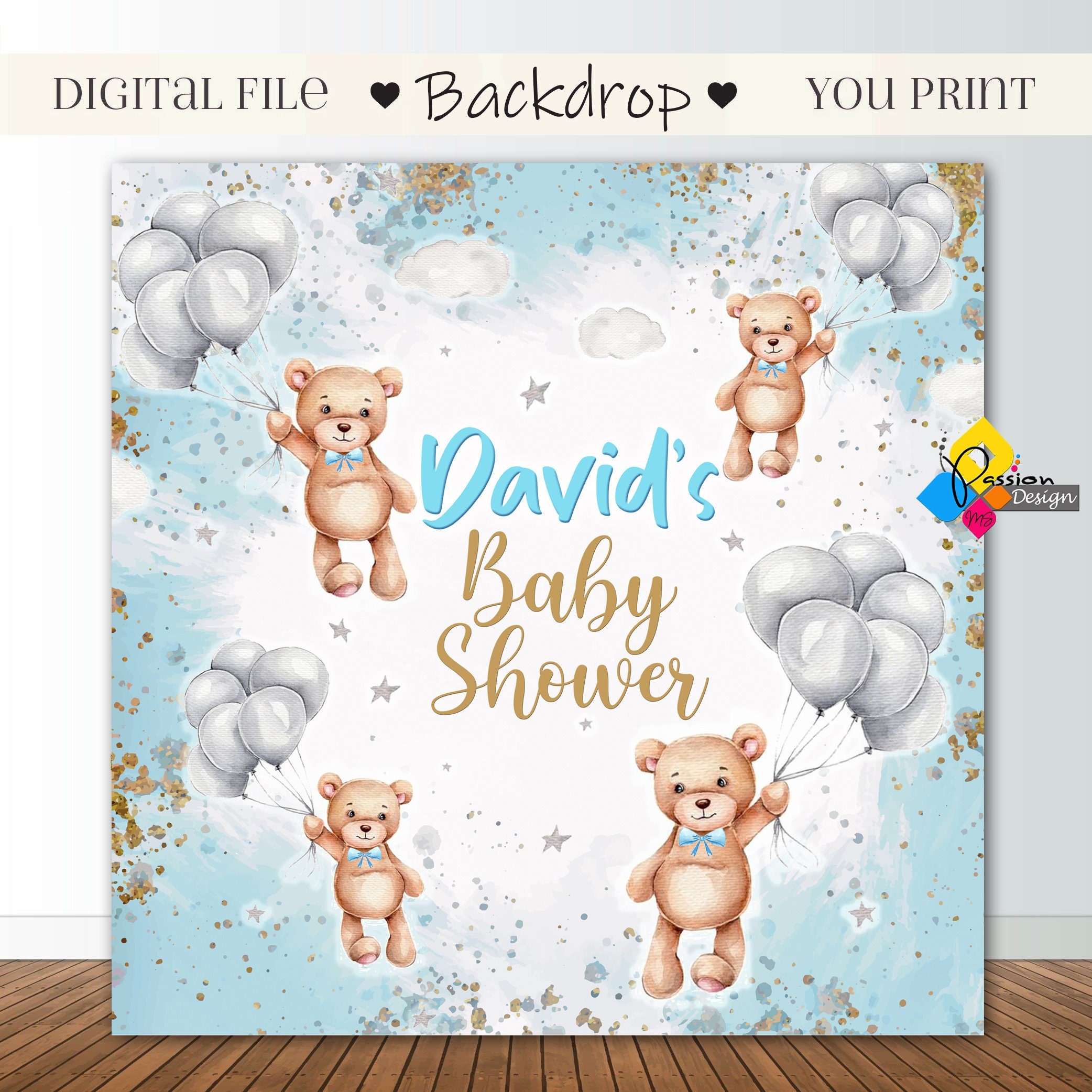Printable Cute TEDDY BEAR Boy Balloons Backdrop. Baby Shower Etsy Australia
