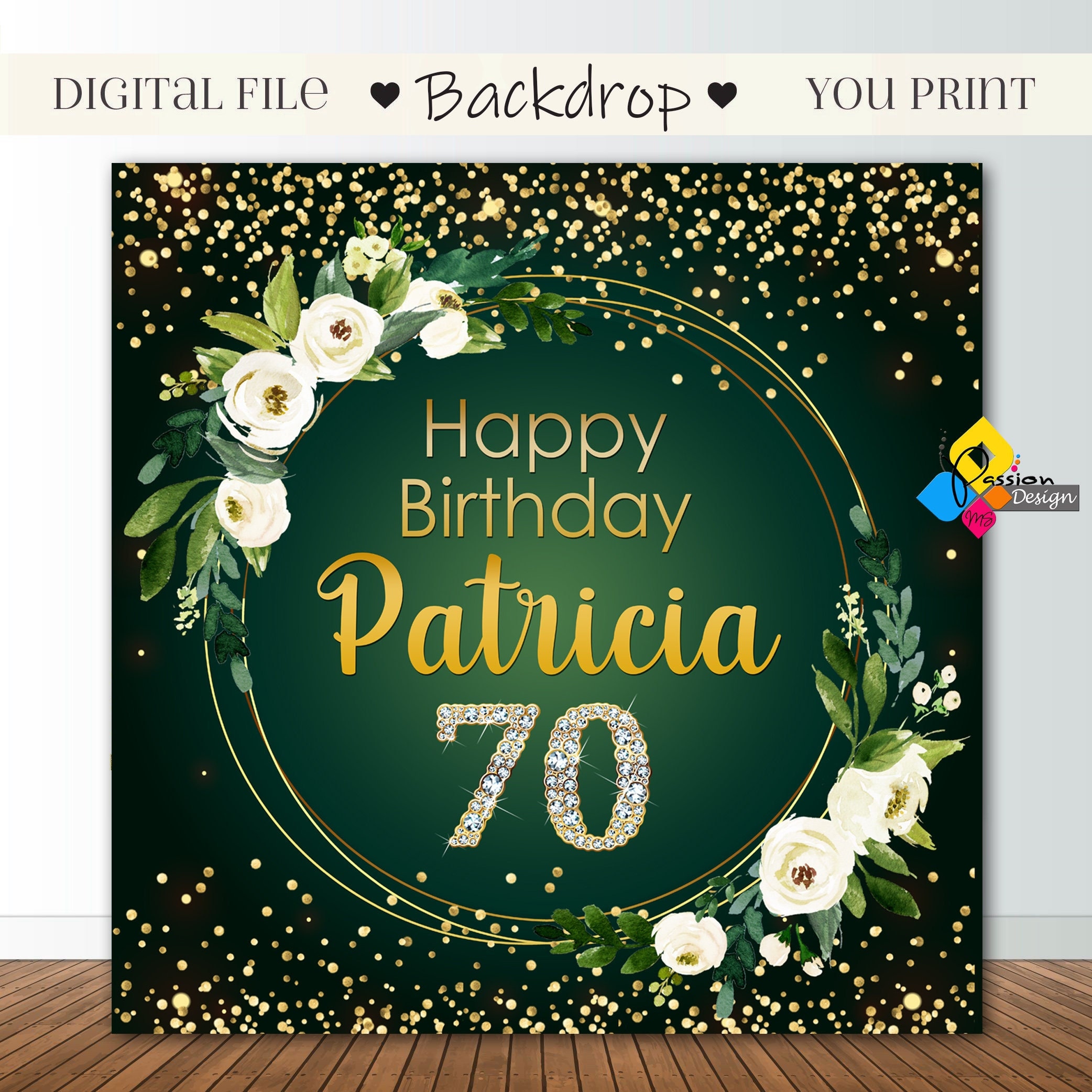 Printable Emerald GREEN Gold White Floral Backdrop. Elegant Etsy