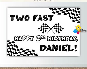 Afdrukbare twee snelle verjaardagsachtergrond. Feestdecoratie voor tweede verjaardag race jongen. Banner autoverjaardag 2e verjaardag 4 x 6 inch. Aangepaste auto-achtergrond