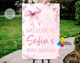 Printable Pink Bow Girl Baby Shower Welcome Board. Pink Baby Shower Bow Party Poster Decor. Bow Welcome Sign. Pink Bow Baby Poster Decor