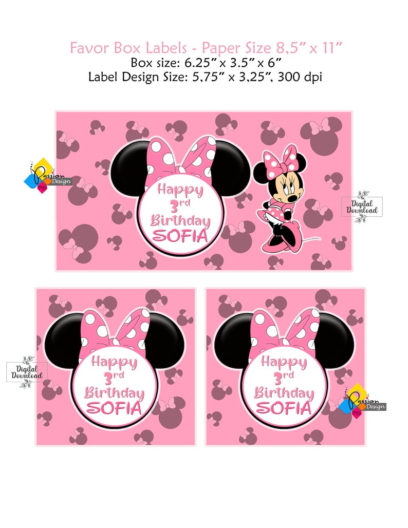 Może przedstawiać: Trzy drukowane etykiety do pudełek na prezenty z r&oacute;żowym tłem, sylwetką Myszki Minnie i tekstem "Happy 3rd Birthday SOFIA".