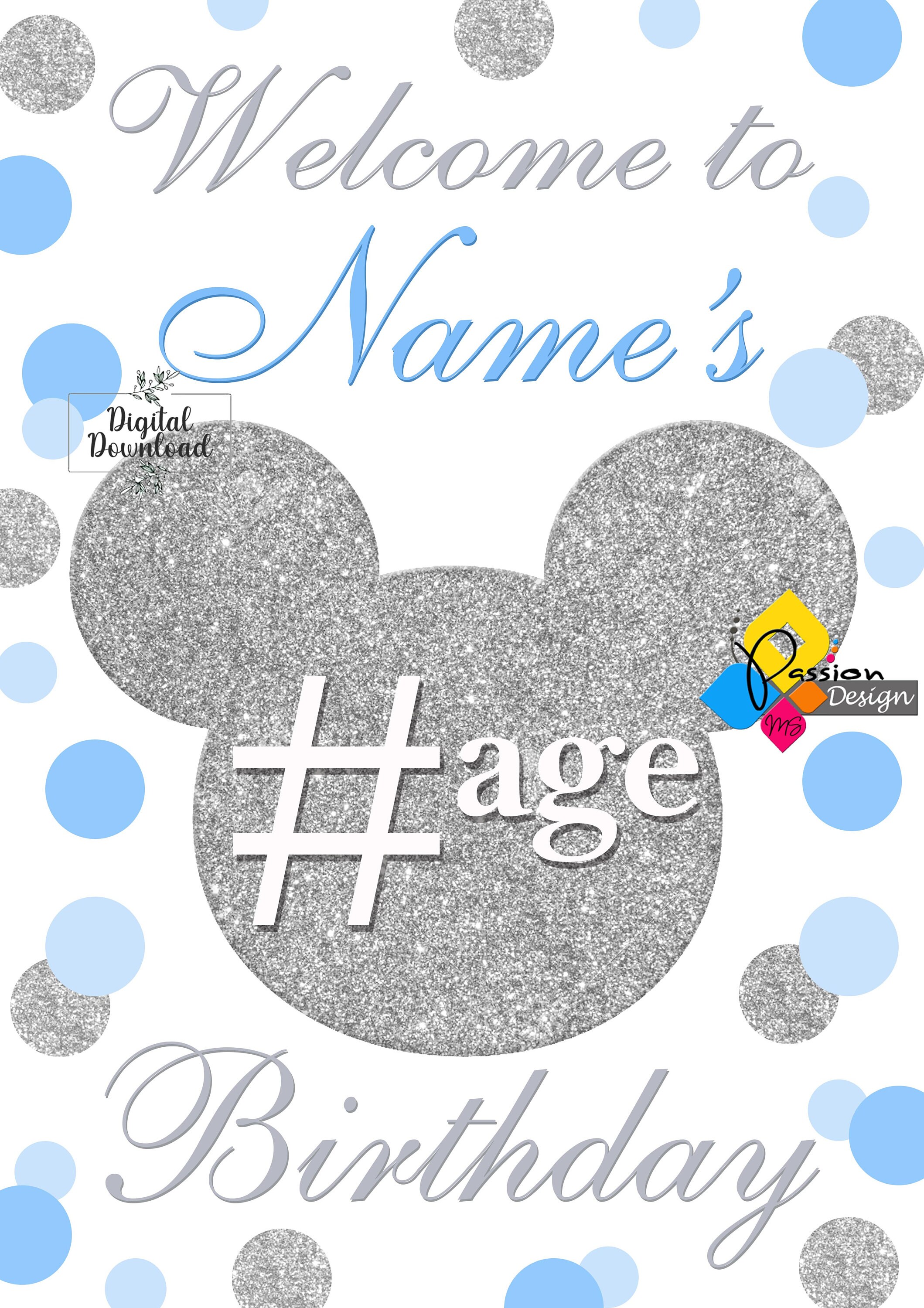 印刷可能なミッキーマウスの誕生日ブルーシルバーウェルカム