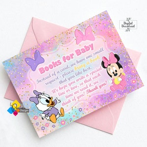 Afdrukbare Baby MINNIE Mouse en Baby DAISY Duck Boekaanvraagkaart. Minnie en Daisy babyshowerboeken voor babykaart. Directe download