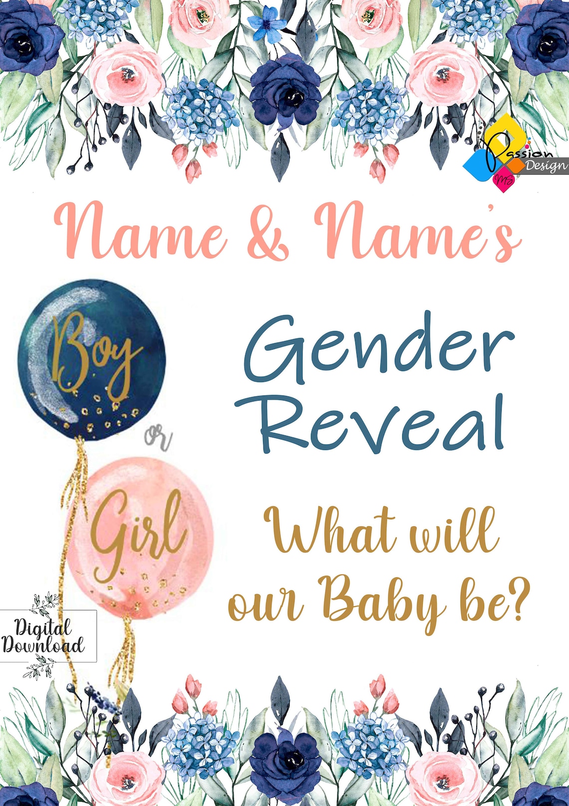 Printable Boy or Girl GENDER REVEAL Blush and Navy Floral - Etsy