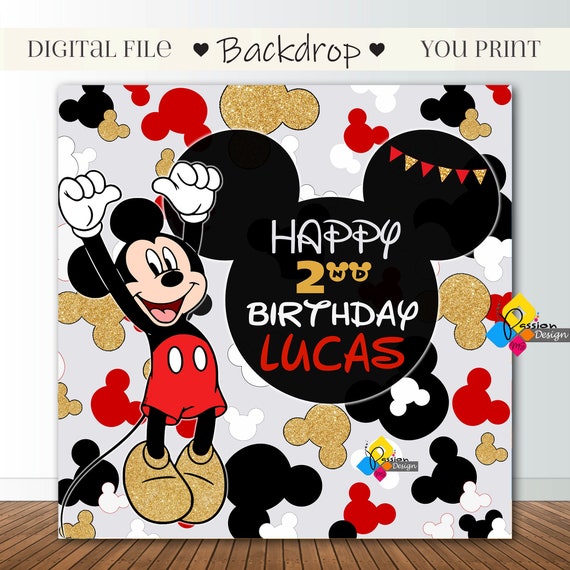 Printable MICKEY MOUSE Birthday Backdrop. CUSTOM Mickey Mouse Red Gold  Black Party Decoration. Mickey Mouse Birthday 6,5'x6,5' Party Banner 