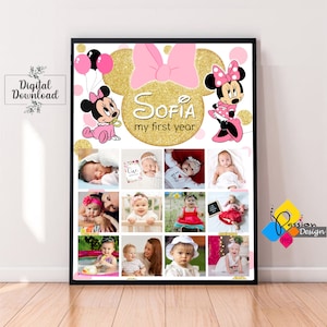 Póster Fotográfico Primer Año de Bebé de MINNIE MOUSE para imprimir. Cartel de collage de fotos de 1er cumpleaños de Minnie Mouse. Tablero de fotos de Minnie Mouse rosa dorado