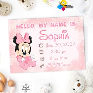 Faire-part de bébé imprimable Signe des statistiques du nouveau-né MINNIE MOUSE. Enseigne personnalisée pour faire-part de naissance avec accessoire photo nouveau-né. Panneau baby shower