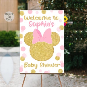 Tablero de Bienvenida para Baby Shower de MINNIE MOUSE para imprimir. Cartel de bienvenida personalizado Minnie Mouse Pink Gold DOTS Baby Shower. Ratón digital de Minnie Póster