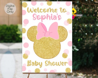 Printable MINNIE MOUSE Baby Shower Welcome Board. Custom Minnie Mouse Pink Gold DOTS Baby Shower Welcome Sign. Digital Minnie Mouse Poster