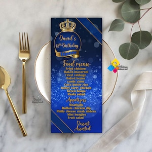 Menu du dîner du roi bleu royal et or imprimable. Carte de menu de luxe bleue. Menu d'anniversaire personnalisé avec couronne dorée. Décoration de fête d'anniversaire bleu foncé