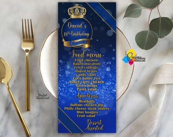 Menu de Jantar Rei Azul Royal e OURO para impressão. Cartão de menu de luxo azul. Menu de aniversário personalizado da coroa de ouro. Decoração de festa de aniversário azul escuro