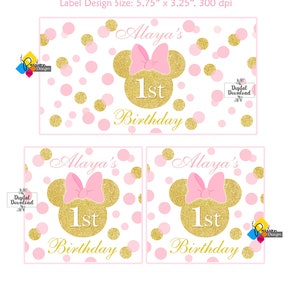 Utskrivbart MINNIE MOUSE-festkit. Personliga födelsedagsetiketter: Presentask, Chipspåse, Caprisun, Fruktsnacks, Vattenflaska, Cupcake-dekorationer bild 4