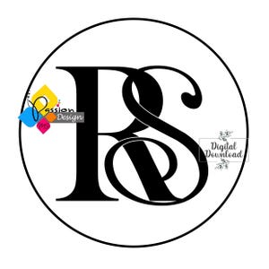 May include: Black and white monogram logo design featuring the letters "RS" in a circle. The letters are intertwined and have a decorative, stylized font.