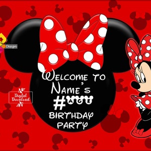 Puede incluir: Un cartel de fiesta de cumplea&ntilde;os de Minnie Mouse rojo y negro con lunares blancos. El cartel dice "Bienvenido a la fiesta de cumplea&ntilde;os de Name's #Age".