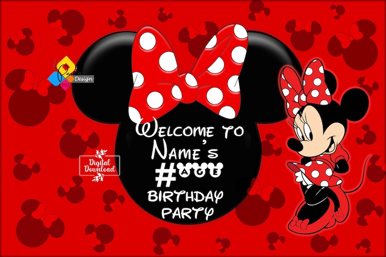 Puede incluir: Un cartel de fiesta de cumplea&ntilde;os de Minnie Mouse rojo y negro con lunares blancos. El cartel dice "Bienvenido a la fiesta de cumplea&ntilde;os de Name's #Age".
