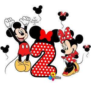 May include: Red and white polka dot number two with Mickey Mouse and Minnie Mouse. Mickey Mouse is wearing red shorts and yellow shoes. Minnie Mouse is wearing a red dress with white polka dots and yellow shoes. The image has the text "Digital Download" and "Passion Design".
