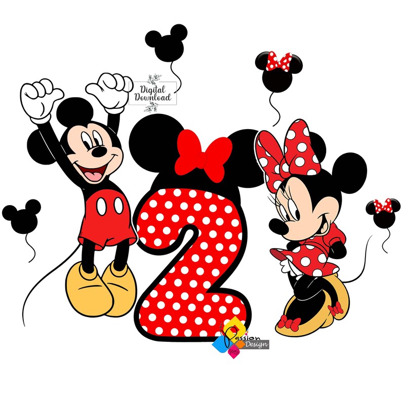 May include: Red and white polka dot number two with Mickey Mouse and Minnie Mouse. Mickey Mouse is wearing red shorts and yellow shoes. Minnie Mouse is wearing a red dress with white polka dots and yellow shoes. The image has the text "Digital Download" and "Passion Design".