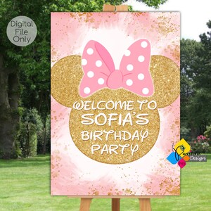 Printable MINNIE MOUSE Birthday Welcome Board. Custom Minnie Mouse Pink and Gold Welcome Sign. Digital Minnie Mouse Party Poster