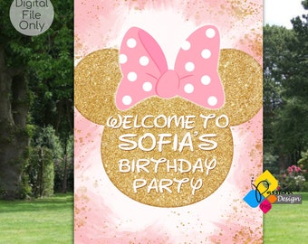 Printable MINNIE MOUSE Birthday Welcome Board. Custom Minnie Mouse Pink and Gold Welcome Sign. Digital Minnie Mouse Party Poster