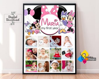 Printable MINNIE MOUSE And Daisy Duck Baby's First Year Photo Poster. Minnie & Daisy 1st Birthday Photo Collage Sign. One Year Picture Board