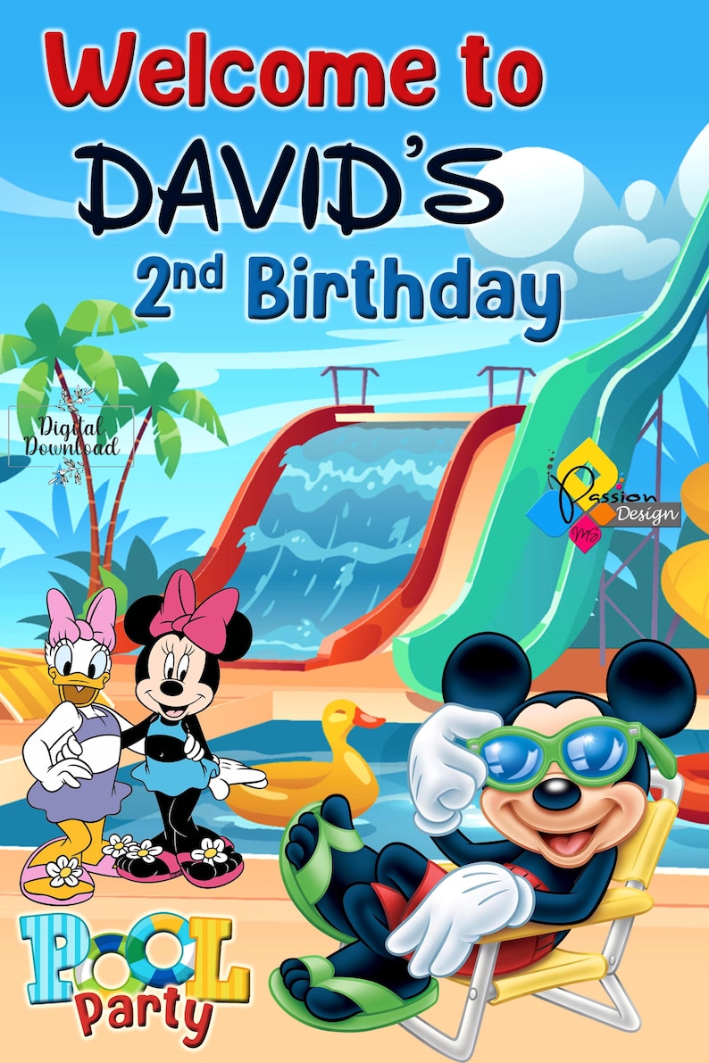 May include: A birthday party invitation featuring Mickey Mouse, Minnie Mouse, and Daisy Duck. The invitation has a blue background with a pool and water slide. The text on the invitation reads "Welcome to David's 2nd Birthday Pool Party".