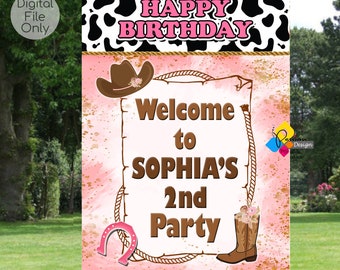 Printable COWGIRL Pink Welcome Board. Cowgirl Birthday Party Decoration. Custom Cowgirl Poster. Pink Cowgirl Theme Welcome Sign. Cow Pattern