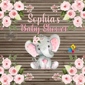 Printable BABY SHOWER Cute Elephant Girl Pink Flowers Backdrop. Baby ...
