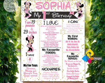 Könnte beinhalten: Ein rosa-goldener Meilenstein-Poster zum ersten Geburtstag mit einem Cartoon-Bild von Minnie Mouse. Der Poster enthält Details über das Kind, wie z. B. sein Gewicht, seine Größe, seine Lieblingsessen, Spielzeuge und Lieder. Der Text auf dem Poster lautet "Sophia Mein 1. Geburtstag".