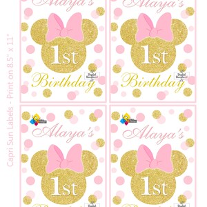 Utskrivbart MINNIE MOUSE-festkit. Personliga födelsedagsetiketter: Presentask, Chipspåse, Caprisun, Fruktsnacks, Vattenflaska, Cupcake-dekorationer bild 6