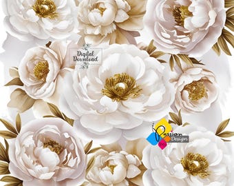 Elegant White & Gold Floral Clipart Bundle, Watercolor Floral PNG, White Flowers, Wedding Graphics, Peony Digital Design, Floral Border Set