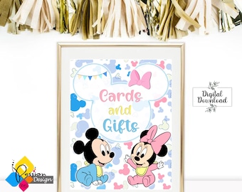 Placa de revelação do sexo do bebê MICKEY e Minnie MOUSE para impressão. Cartaz de livro para bebê. Placa de chá de bebê Mickey e Minnie. Download instantâneo