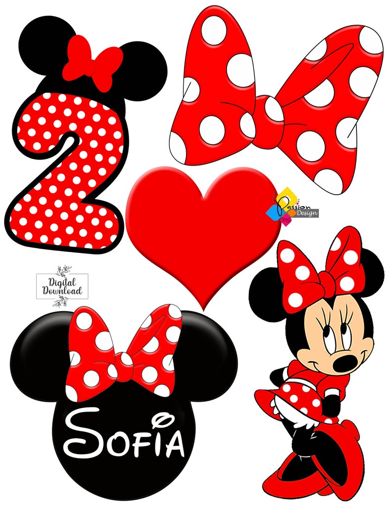 May include: Red and white polka dot Minnie Mouse themed party decorations. The set includes a number 2, a bow, a heart, a Minnie Mouse head with a bow, and a full-body Minnie Mouse. The Minnie Mouse head has the name "Sofia" written on it.
