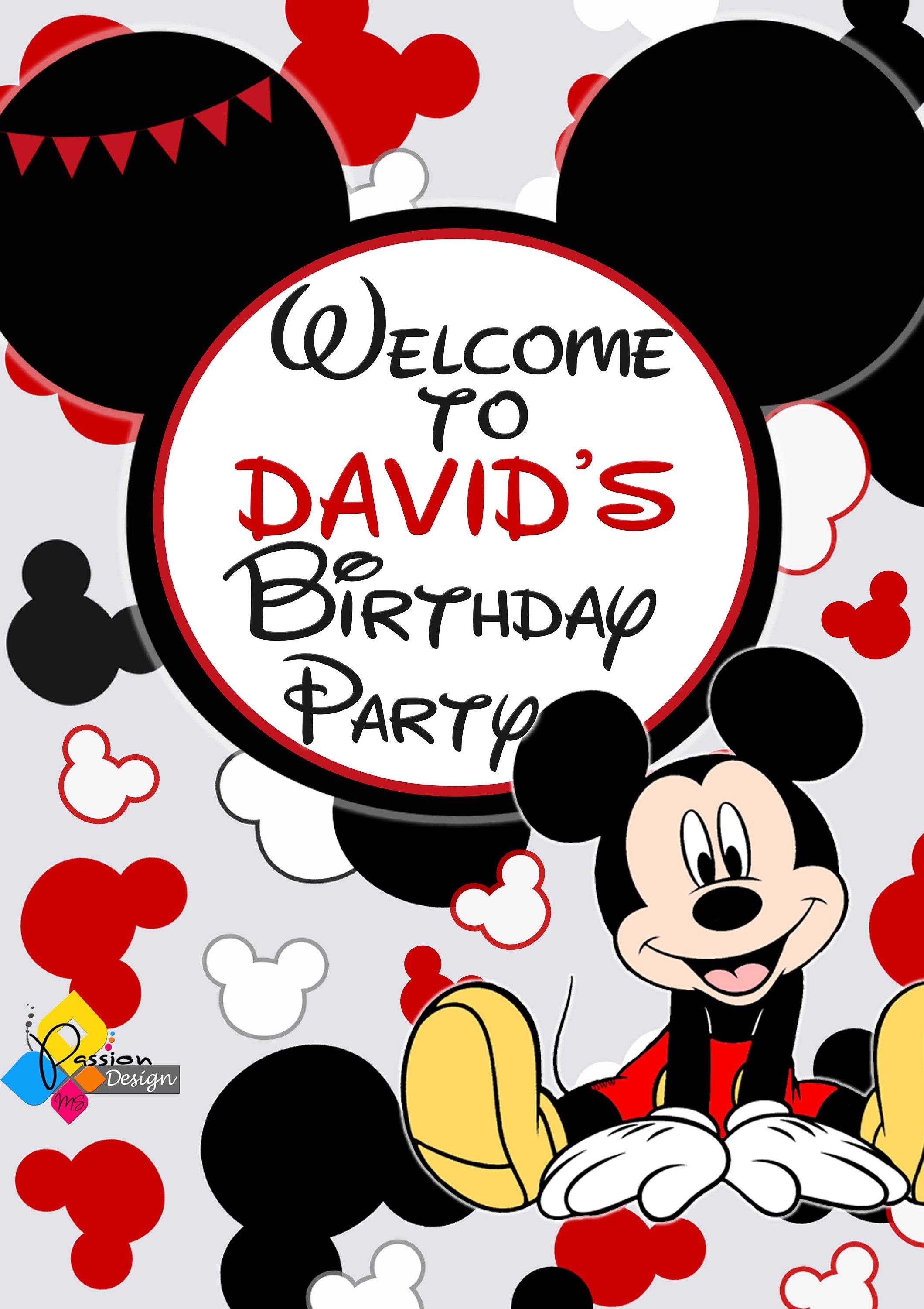 印刷可能なミッキーマウスの誕生日ウェルカムボード 赤 黒。カスタム