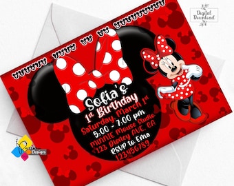 Faire-part d'anniversaire rouge imprimable pour bébé MINNIE MOUSE. Faire-part d'anniversaire Minnie Mouse personnalisé. Faire-part d'anniversaire numérique Minnie Mouse