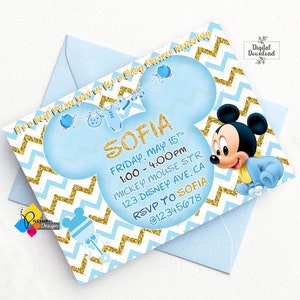 Printable Mickey Mouse Blue Gold Baby Shower Invitation. Personalized Mickey Mouse Invite. Digital Mickey Mouse Baby Shower Invitation