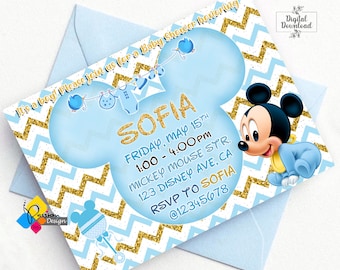 Convite para chá de bebê dourado azul do Mickey Mouse para impressão. Convite personalizado do Mickey Mouse. Convite digital para chá de bebê do Mickey Mouse